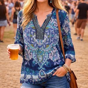 Bila Blue Tunic Top XXL Bell Sleeves V Neck Festival Indie Coastal Boho Indie